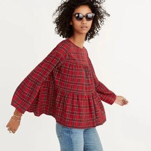 Madewell Tartan Plaid Tiered Button Back Bell Fluted Sleeve Top in Red Size XS